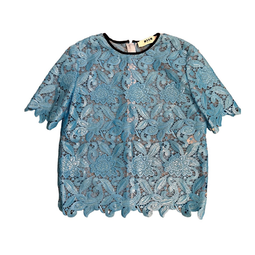MSGM Milano Blue Lace Netted Short Sleeve‎ Top Size 40 Small US